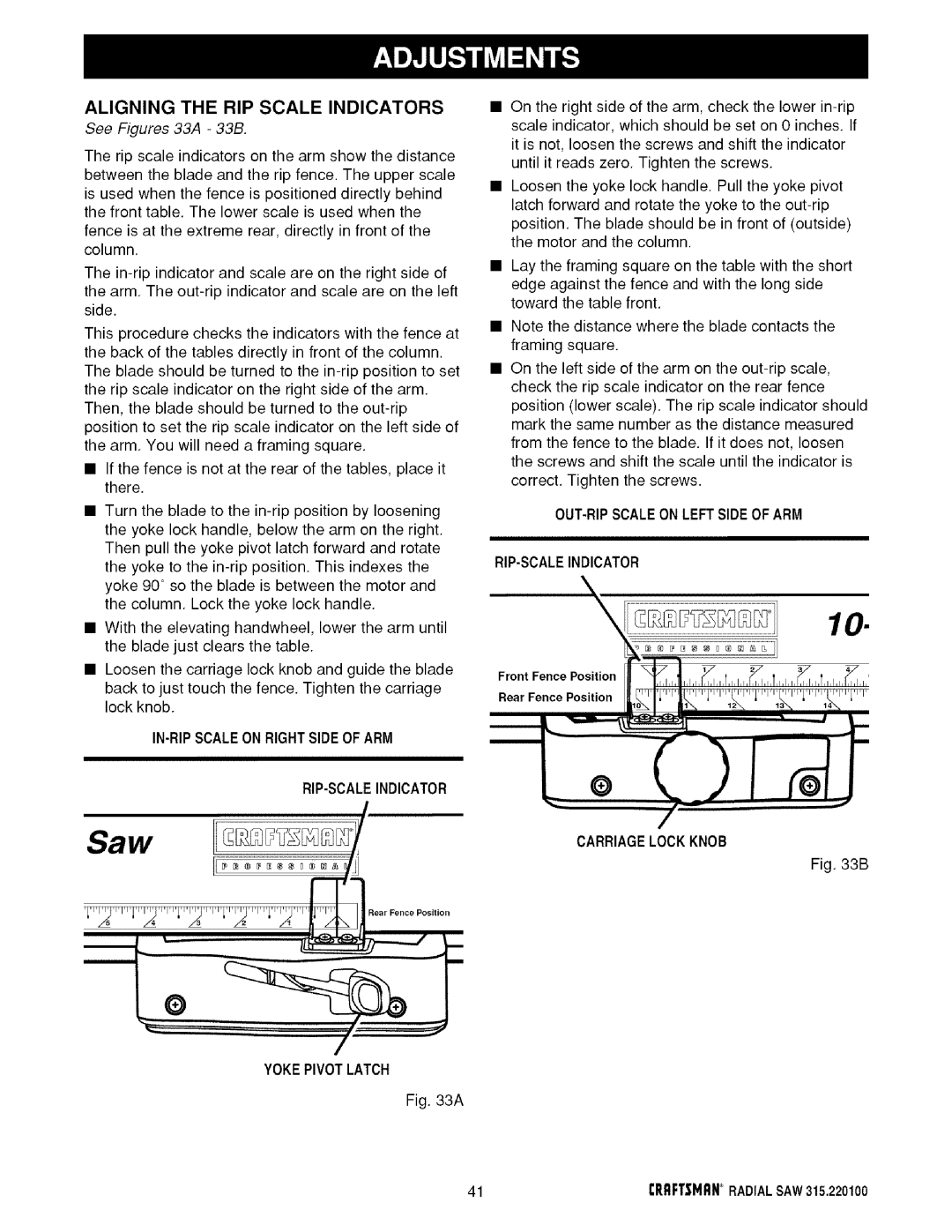 Sears 315.220100 Aligning the RIP Scale Indicators, See Figures 33A 33B, OUT-RIPSCALEON Leftsideof ARM RIP-SCALEINDICATOR 