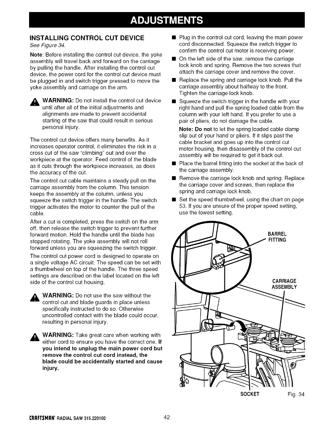 Sears 315.220100 operating instructions Installing Control CUT Device, Barrel Fitting, Assembly 