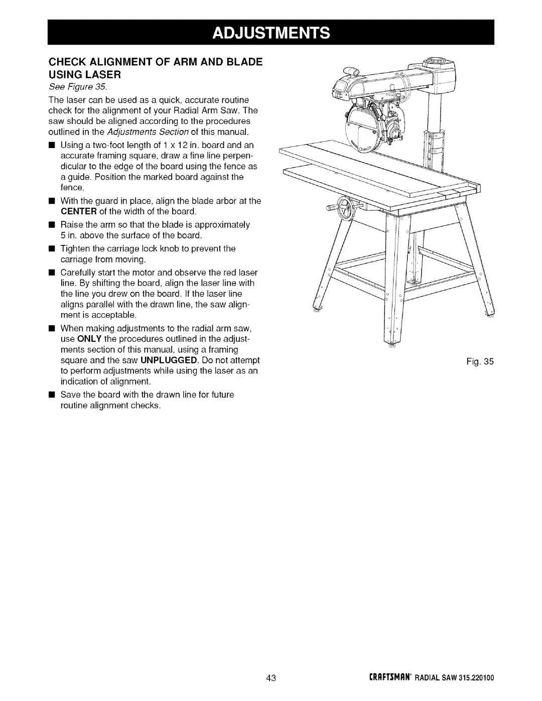 Sears 315.220100 operating instructions Check Alignment of ARM and Blade Using Laser 