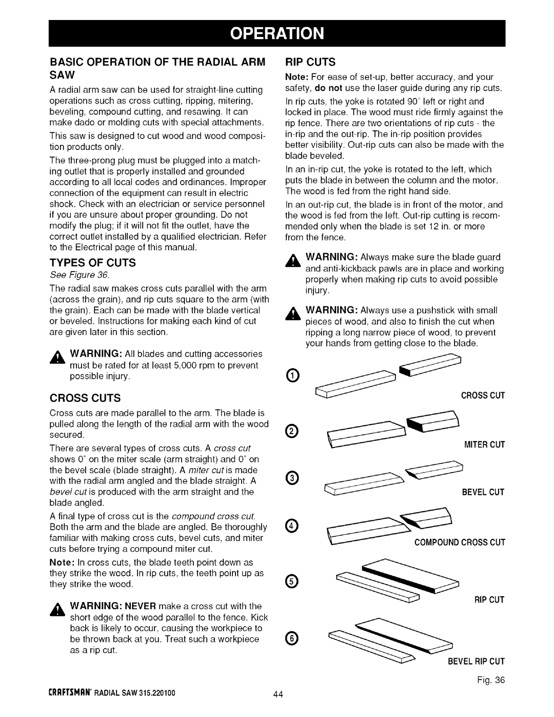 Sears 315.220100 operating instructions Basic Operation of the Radial ARM SAW, Types of Cuts, Cross Cuts, Mitercut Bevelcut 