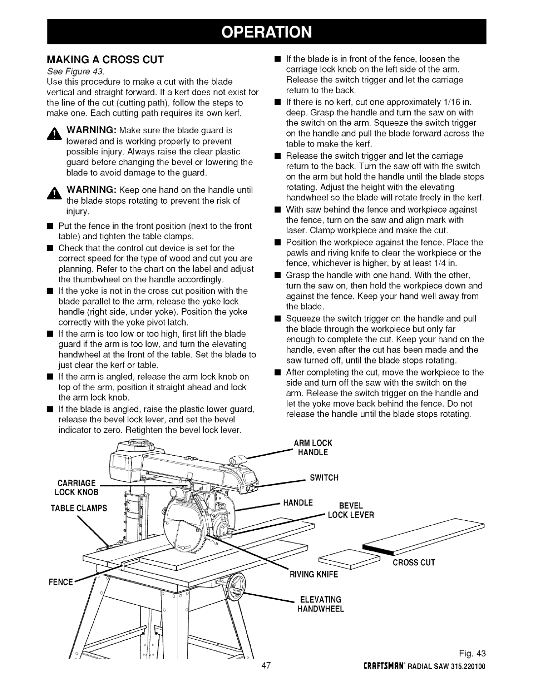 Sears 315.220100 operating instructions Making a Cross CUT, Tableclamps, Armlock Handle Switch Handle Bevel 