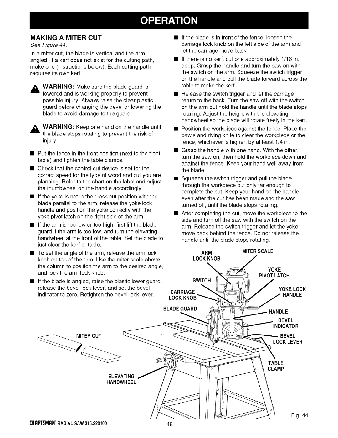 Sears 315.220100 Making a Miter CUT, Armmiterscale Lockknob Yoke, Bladeguard Handle Bevel Indicator Ercut Locklever 