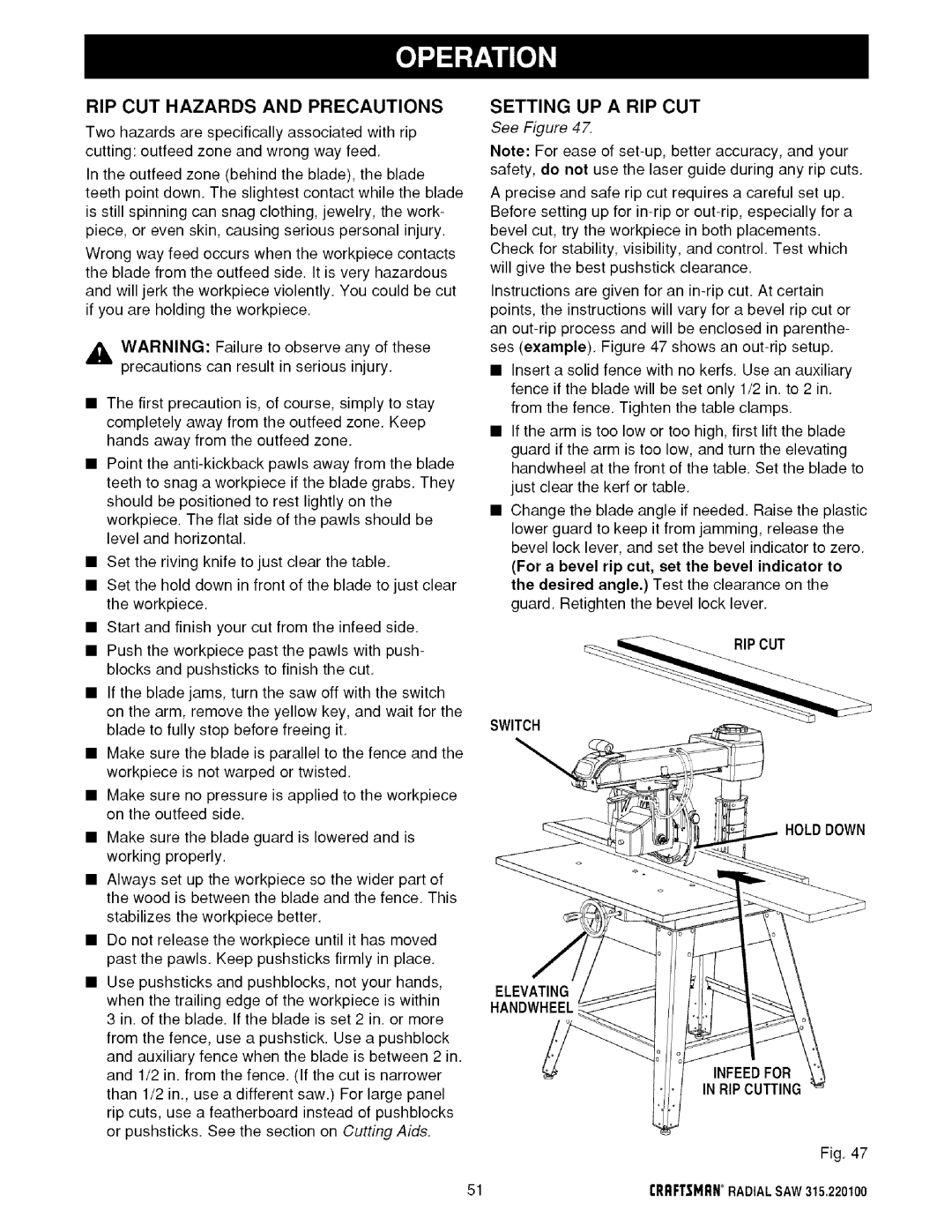 Sears 315.220100 operating instructions RIP CUT Hazards and Precautions, Setting UP a RIP CUT 