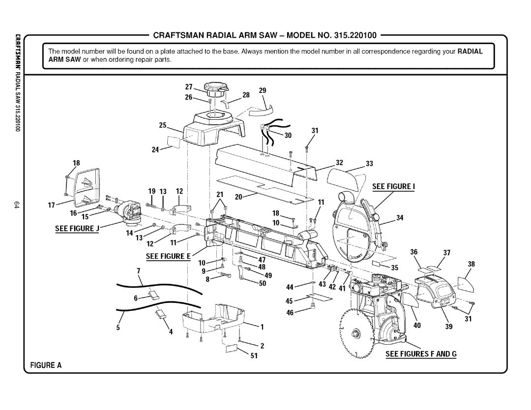 Sears 315.220100 Craftsman Radial ARM SAW- Model no, See Figuresf and G, Arm Saw, See Figure J See Figure E 