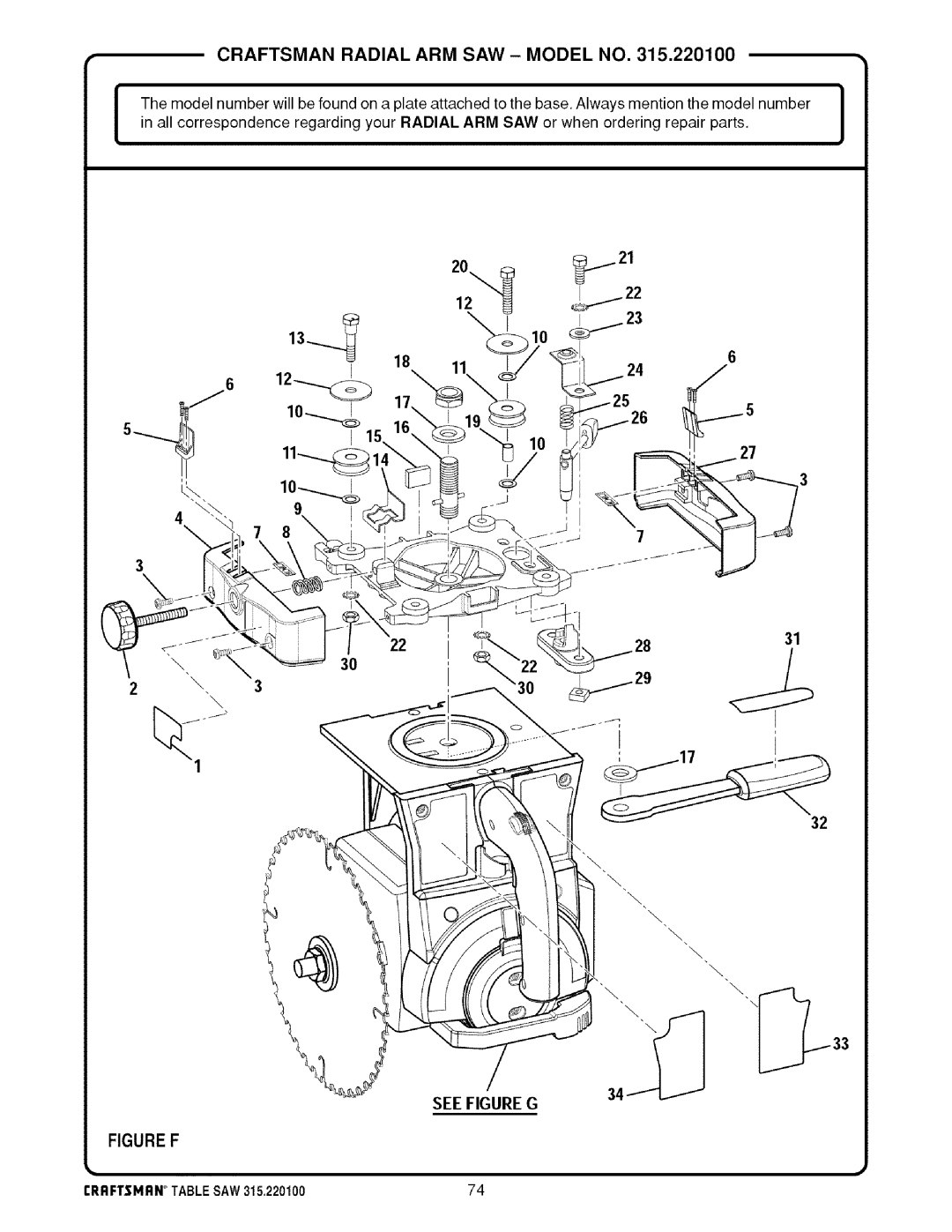 Sears 315.220100 operating instructions Figure F, See Figure G 