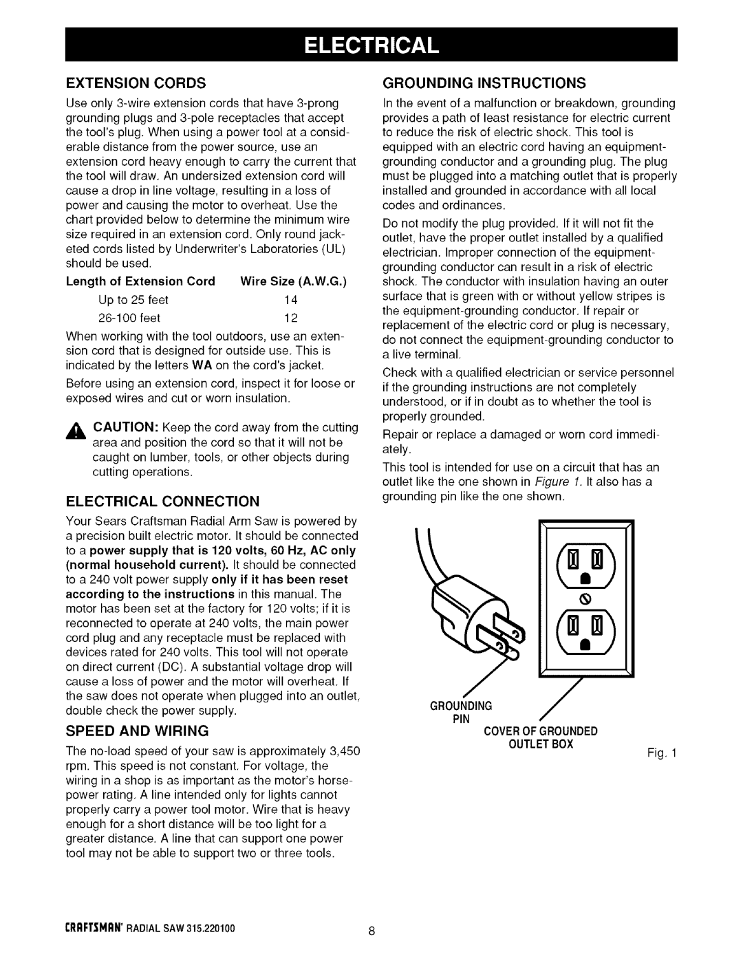 Sears 315.220100 operating instructions Grounding Instructions, Extension Cords, Electrical Connection, Speed and Wiring 