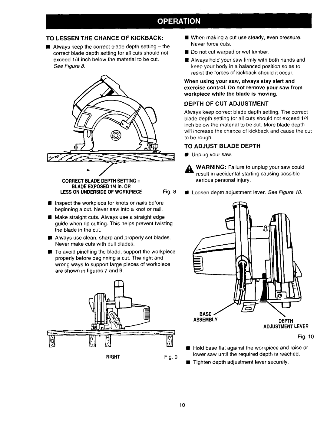 Sears 315.27516 owner manual To Lessen the Chance of Kickback, Depth of CUT Adjustment, To Adjust Blade Depth, Right 