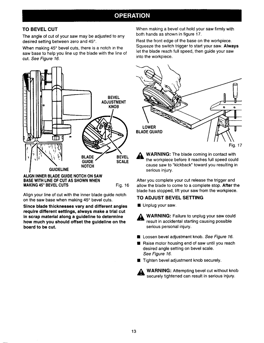 Sears 315.27516 owner manual To Bevel CUT, Bevel Adjustment Knob, Lower Bladeguard, BLADEj, To Adjust Bevel Setting 