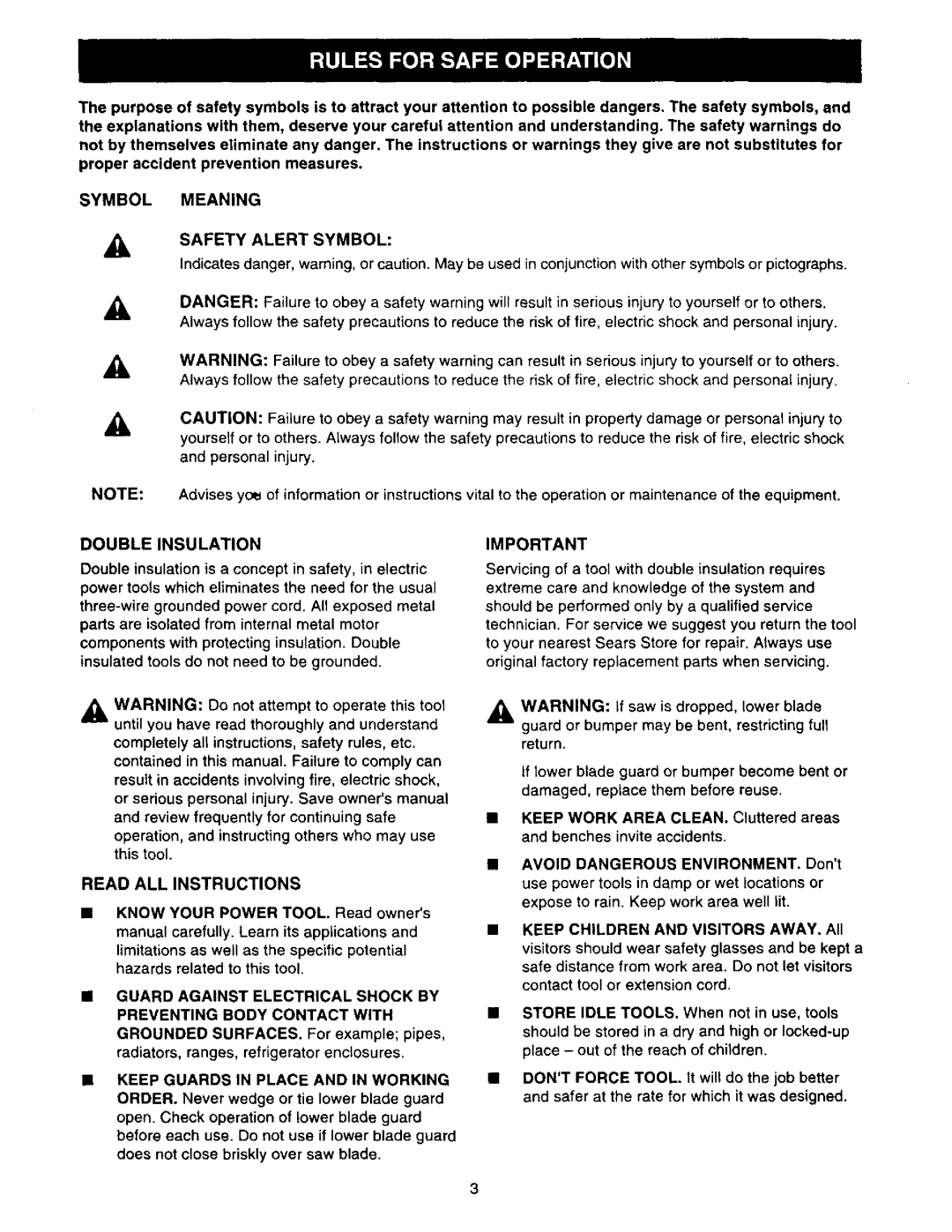 Sears 315.27516 owner manual Symbol Meaning Safety Alert Symbol, Double Insulation, Read ALL Instructions 