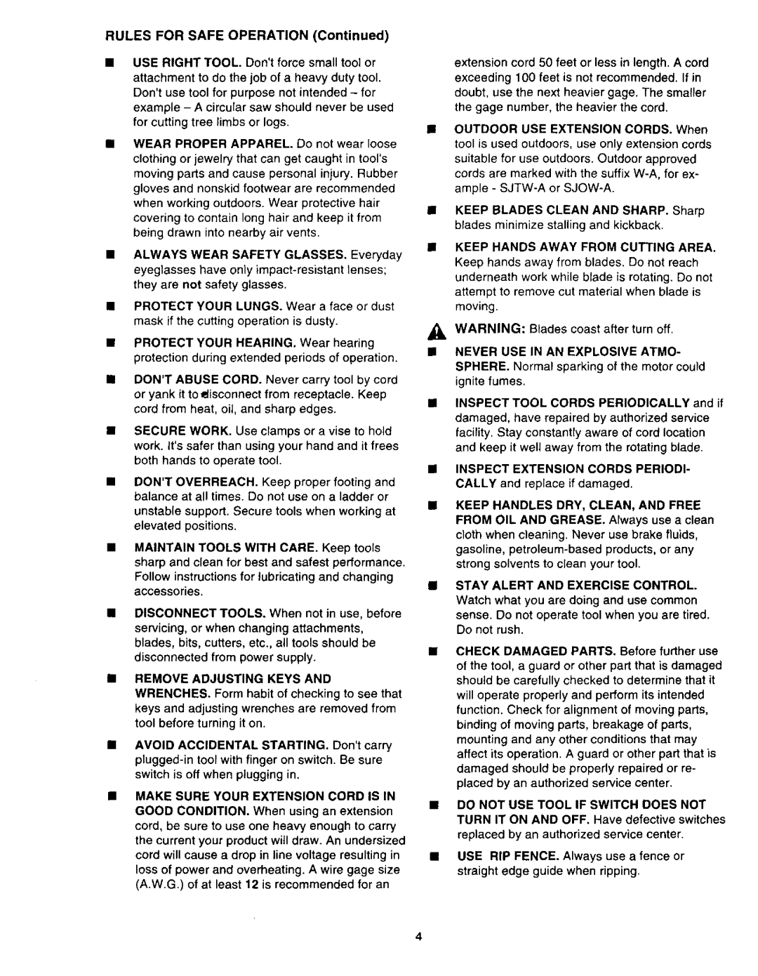 Sears 315.27516 owner manual Always Wear Safety Glasses, Remove Adjusting Keys, Avoid Accidental Starting 