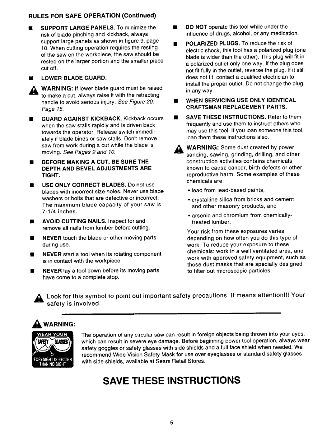 Sears 315.27516 owner manual Rules for Safe Operation, Lower Blade Guard 