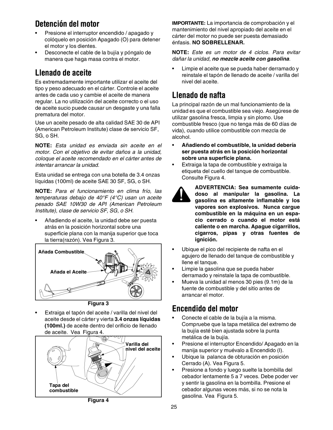 Sears 316.2927 manual Detención del motor, Llenado de aceite, Llenado de nafta, Encendido del motor 