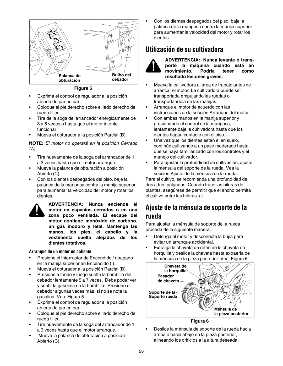 Sears 316.2927 manual Utilización de su cultivadora, Ajuste de la ménsula de soporte de la rueda 