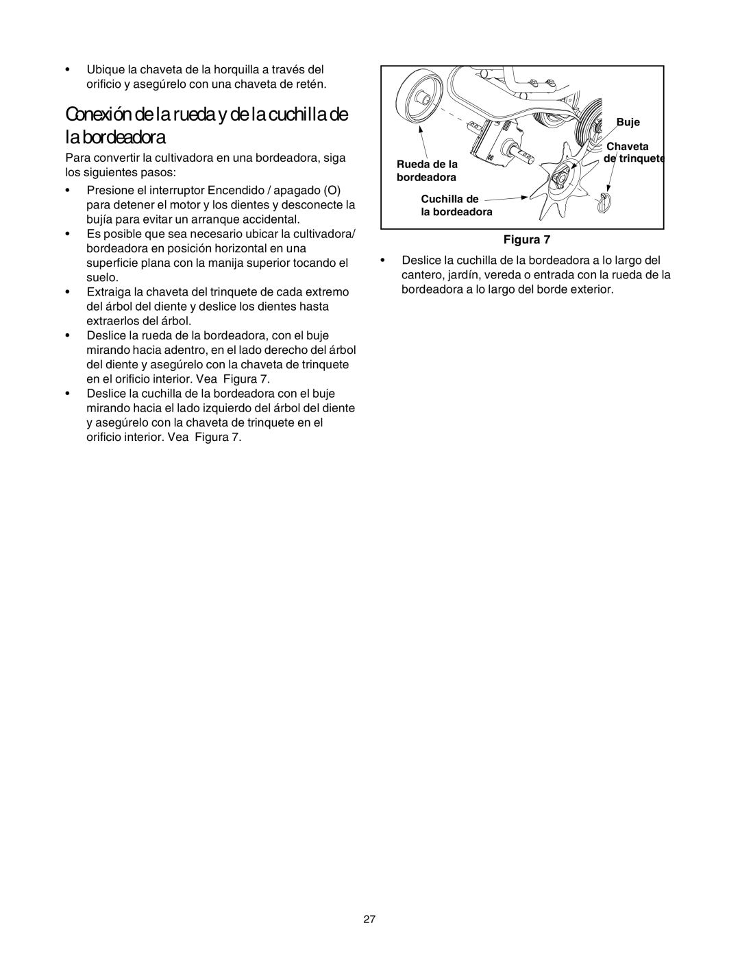 Sears 316.2927 manual Conexión de la rueda y de la cuchilla de la bordeadora 