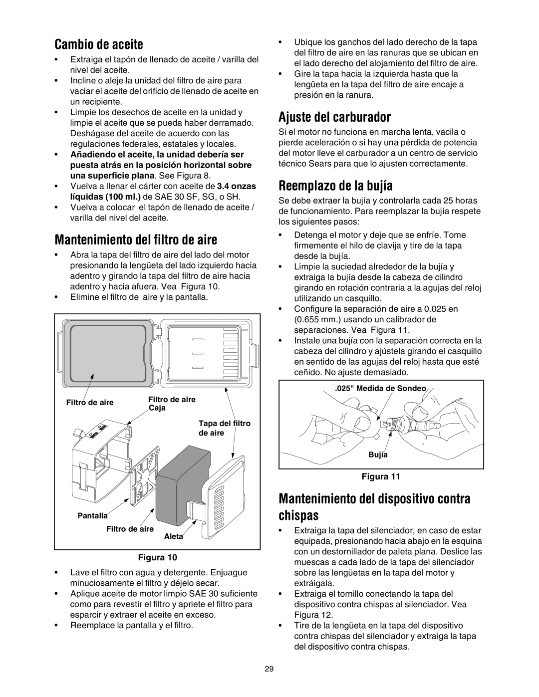 Sears 316.2927 manual Mantenimiento del filtro de aire, Ajuste del carburador, Reemplazo de la bujía 