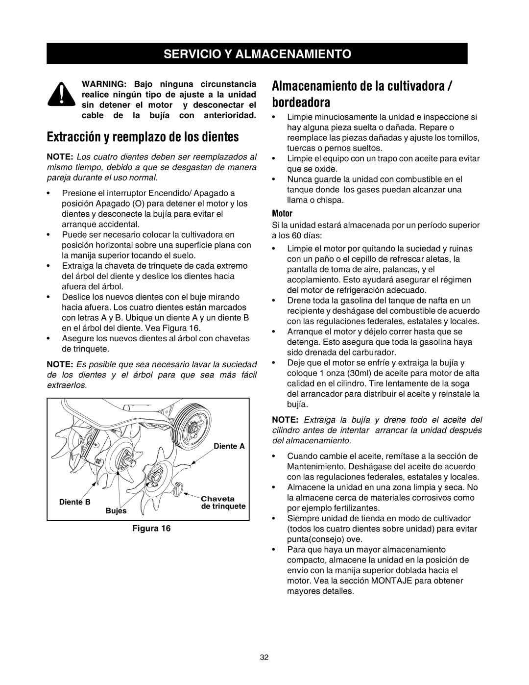 Sears 316.2927 manual Almacenamiento de la cultivadora / bordeadora, Servicio Y Almacenamiento, Motor 