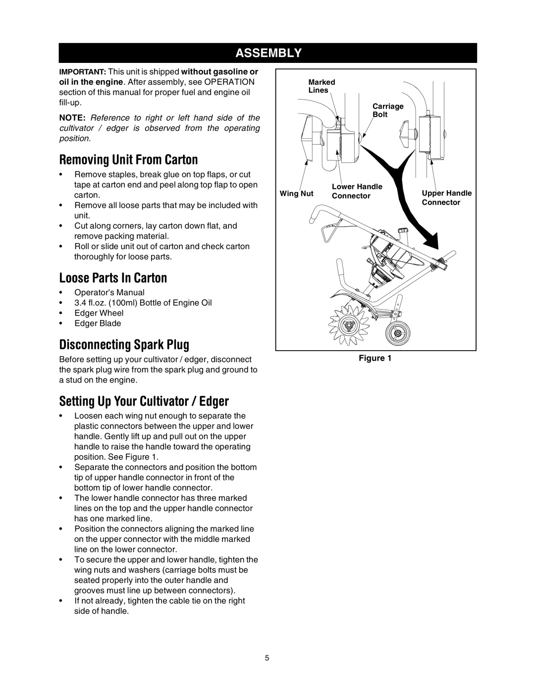 Sears 316.2927 manual Removing Unit From Carton, Loose Parts In Carton, Disconnecting Spark Plug, Assembly 