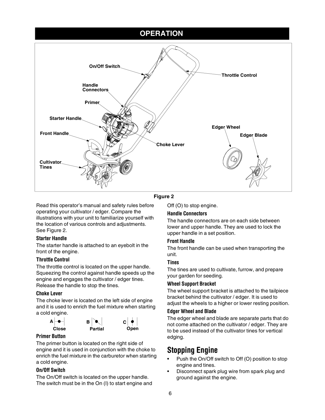 Sears 316.2927 manual Stopping Engine, Operation 