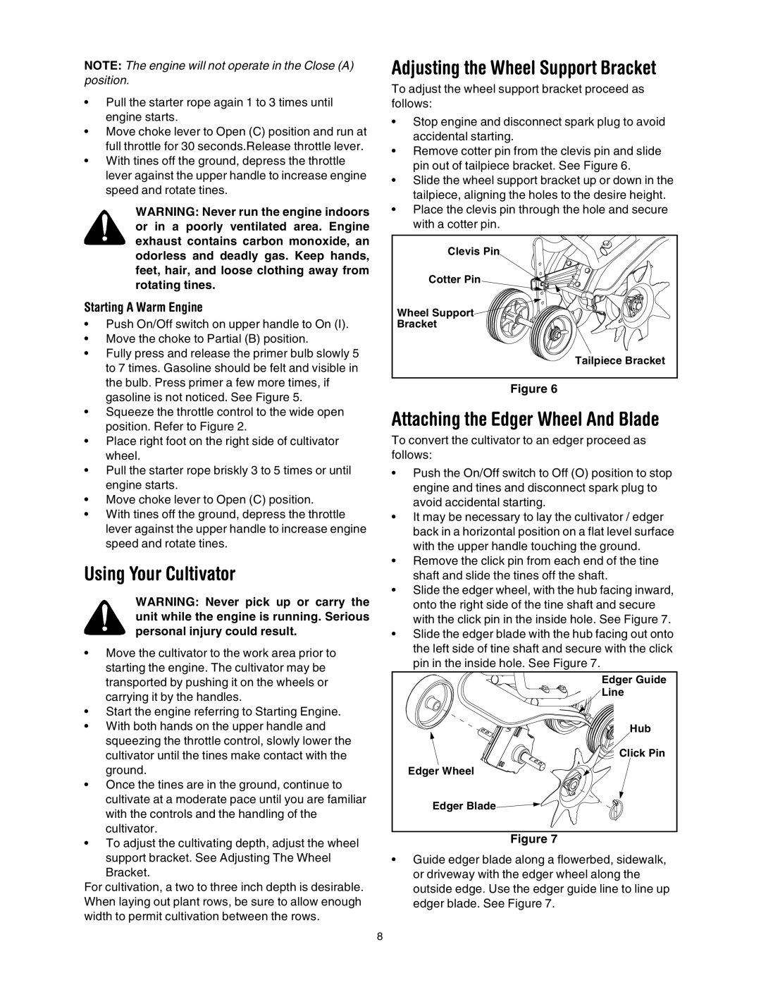 Sears 316.2927 manual Using Your Cultivator, Adjusting the Wheel Support Bracket, Attaching the Edger Wheel And Blade 