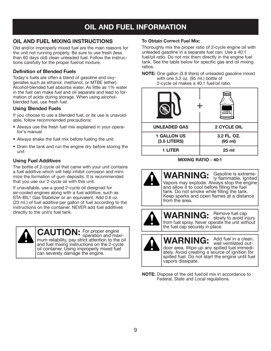 Sears 316.35084 manual OIL and Fuel Information, OIL and Fuel Mixing Instructions, Definition of Blended Fuels 