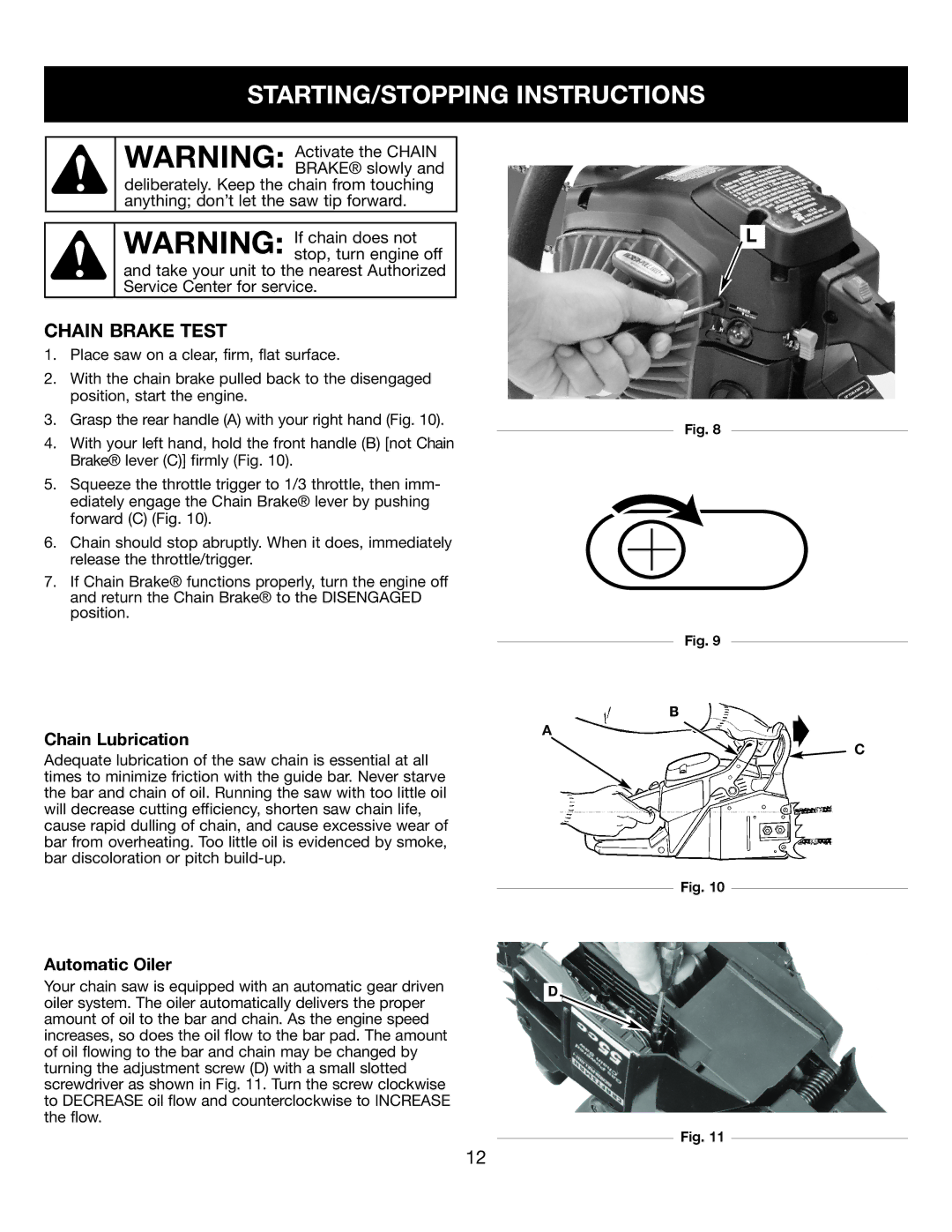 Sears 316.35084 manual Chain Brake Test, Chain Lubrication, Automatic Oiler 