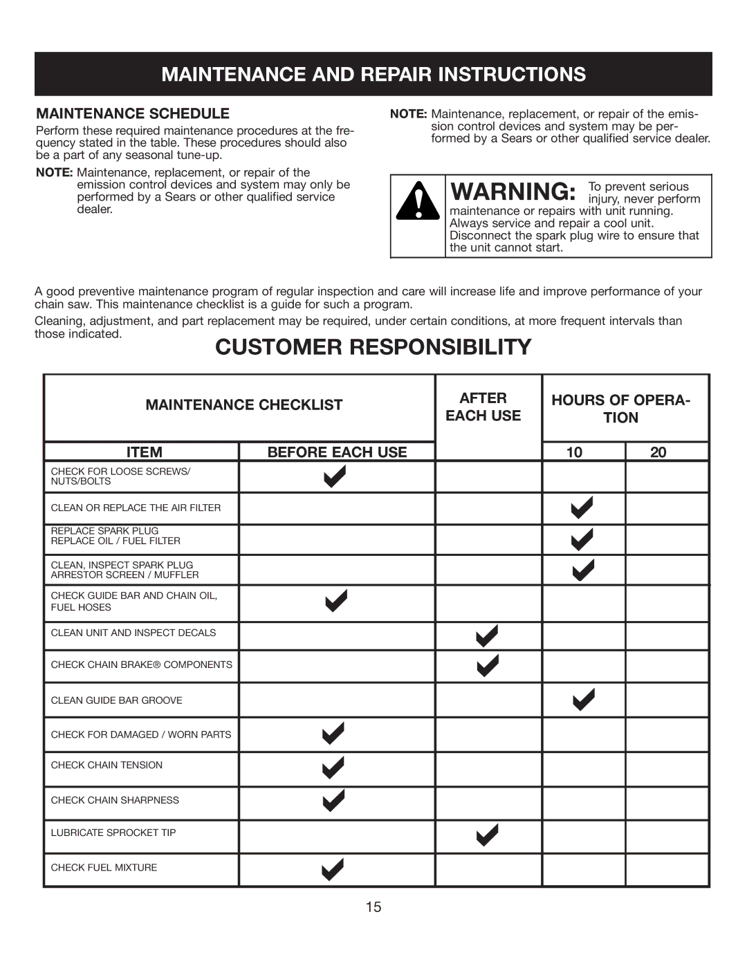 Sears 316.35084 manual Maintenance and Repair Instructions 