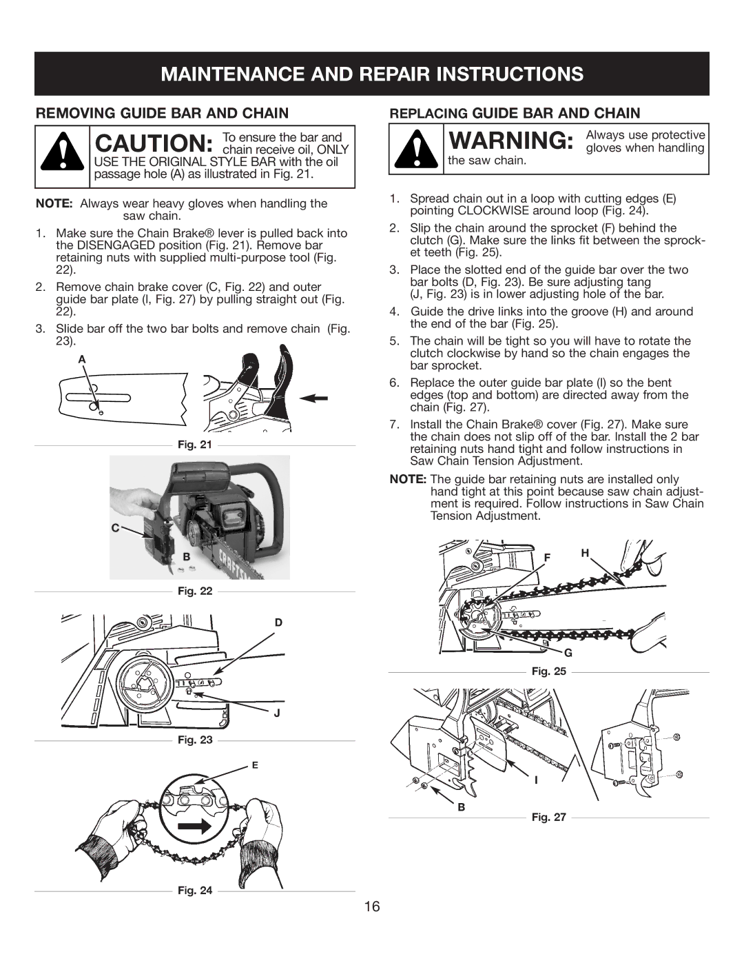 Sears 316.35084 manual Removing Guide BAR and Chain, Replacing Guide BAR and Chain 