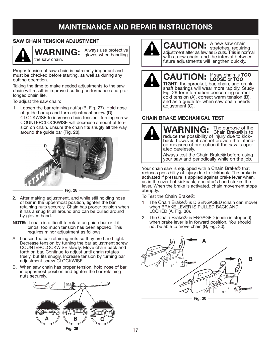 Sears 316.35084 manual SAW Chain Tension Adjustment, Chain Brake Mechanical Test 