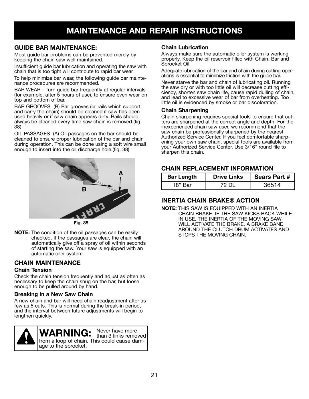 Sears 316.35084 manual Chain Maintenance, Chain Replacement Information, Inertia Chain Brake Action 