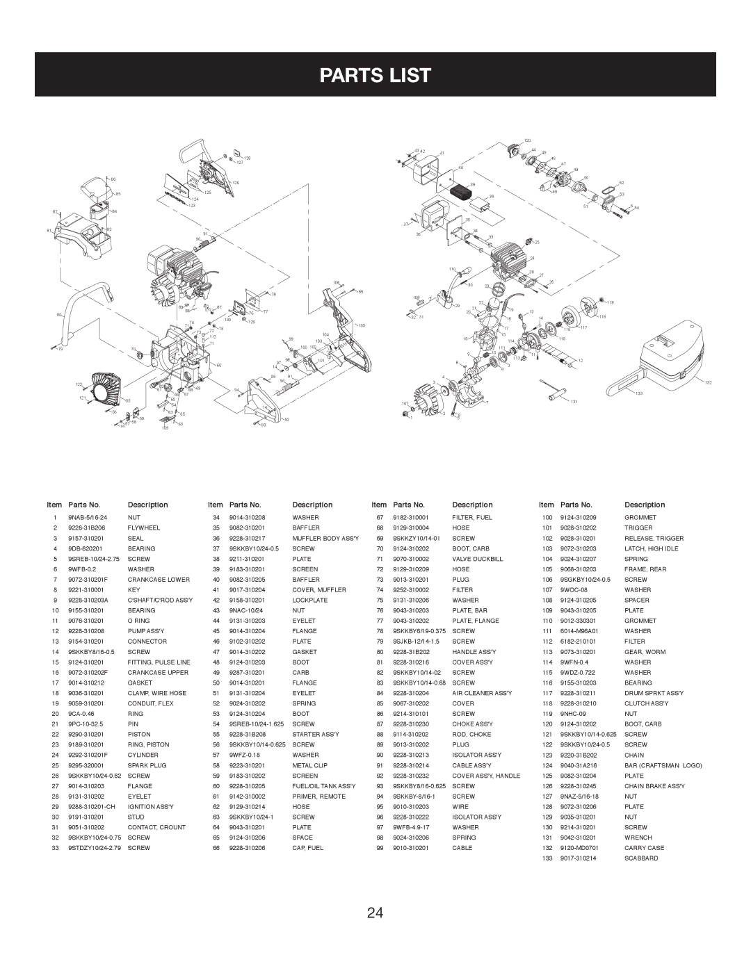 Sears 316.35084 manual Parts List, Parts No Description 