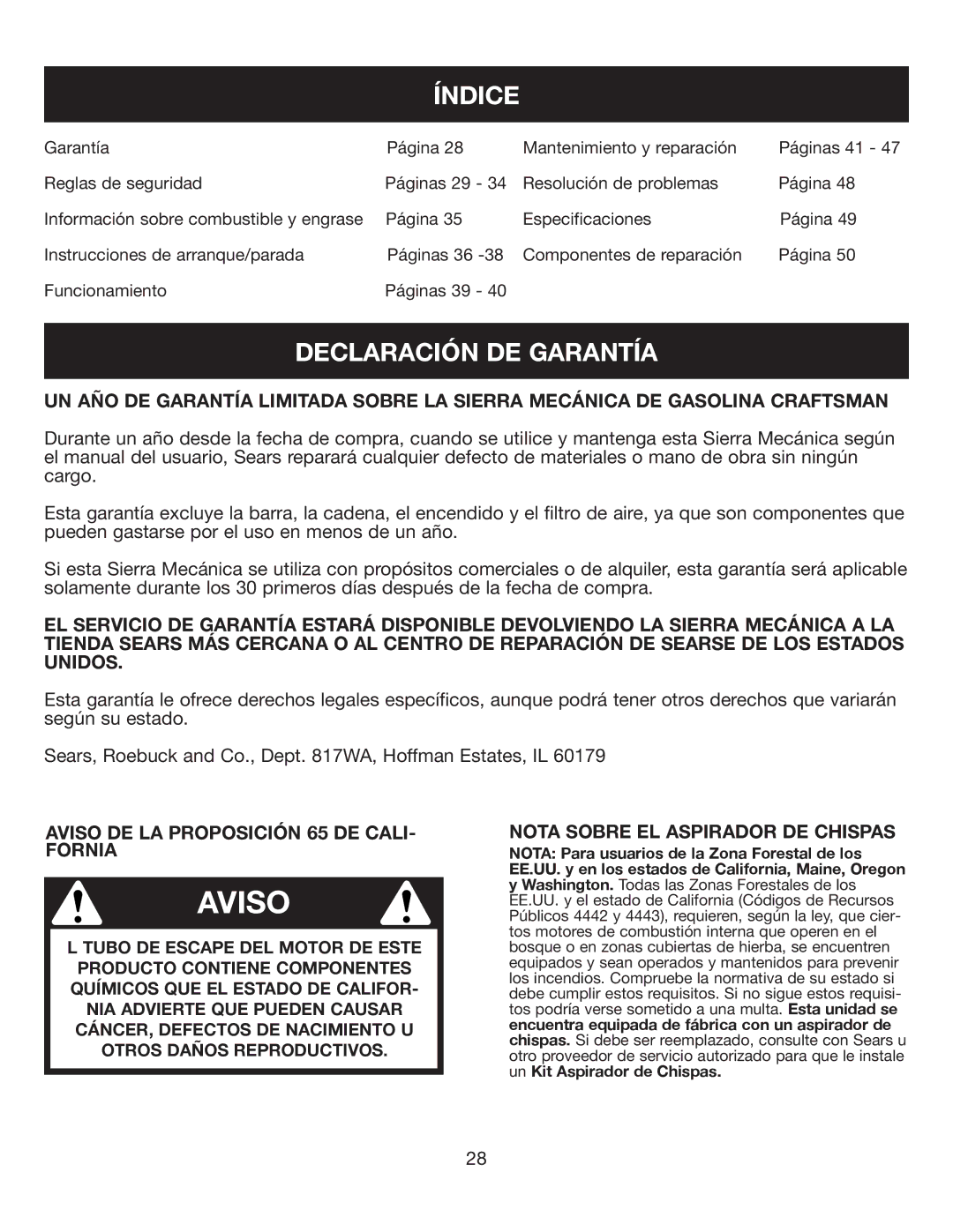 Sears 316.35084 manual Índice, Declaración DE Garantía, Aviso DE LA Proposición 65 DE CALI- Fornia 