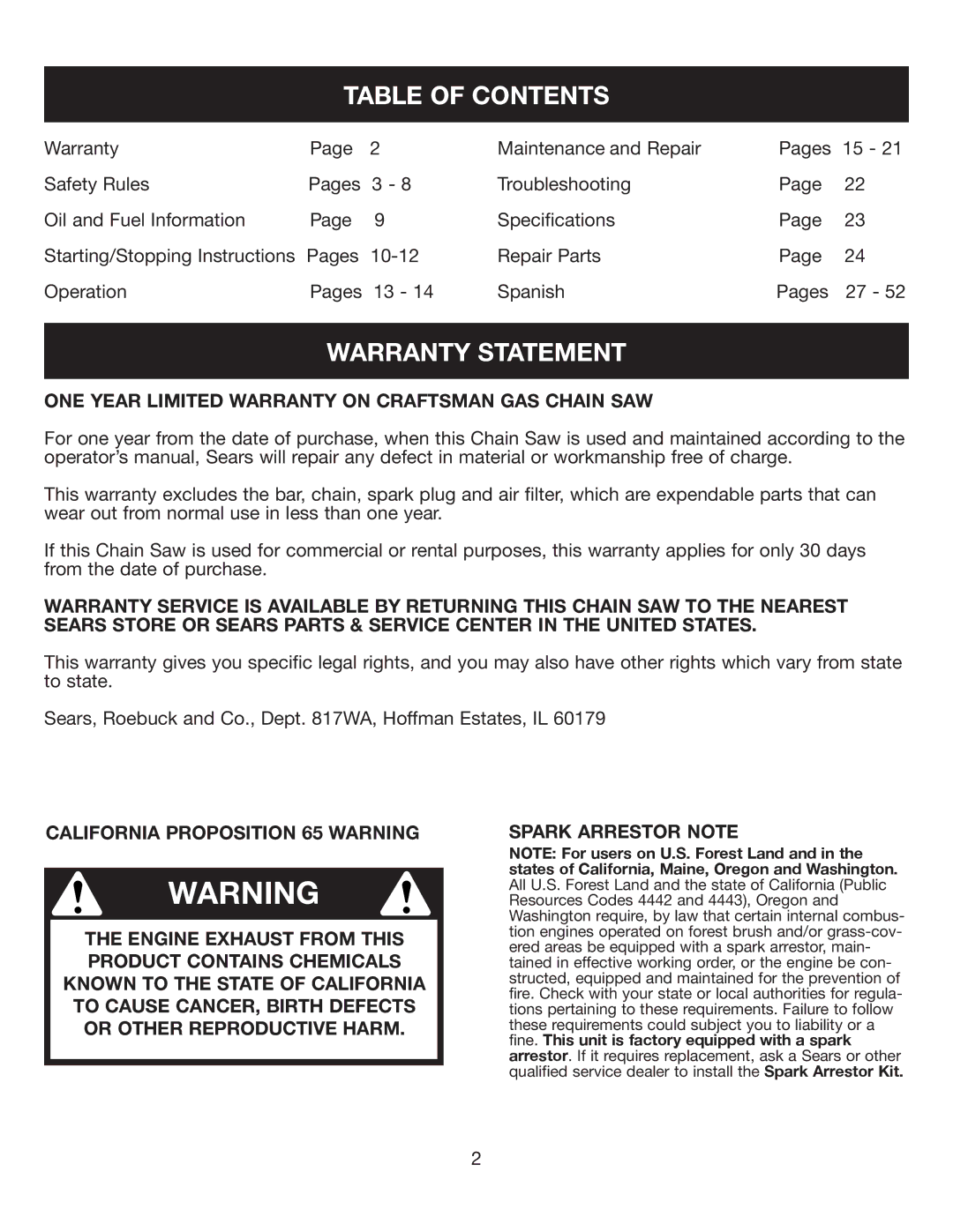 Sears 316.35084 manual Table of Contents, Warranty Statement 