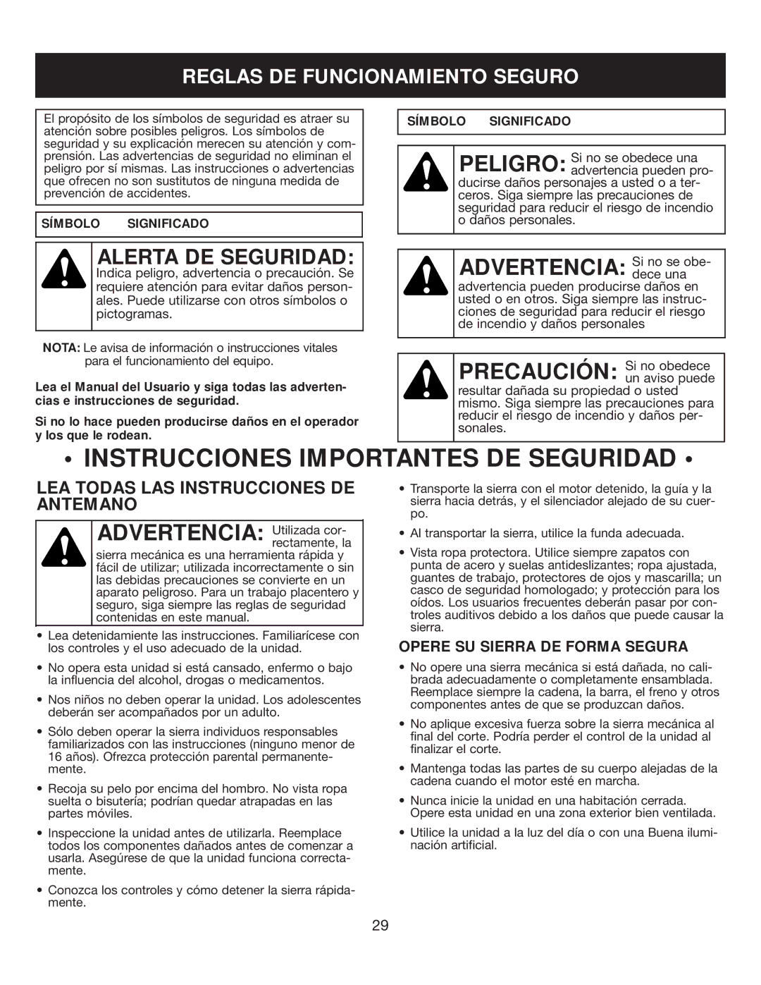 Sears 316.35084 manual Reglas DE Funcionamiento Seguro, Opere SU Sierra DE Forma Segura, Símbolo Significado 