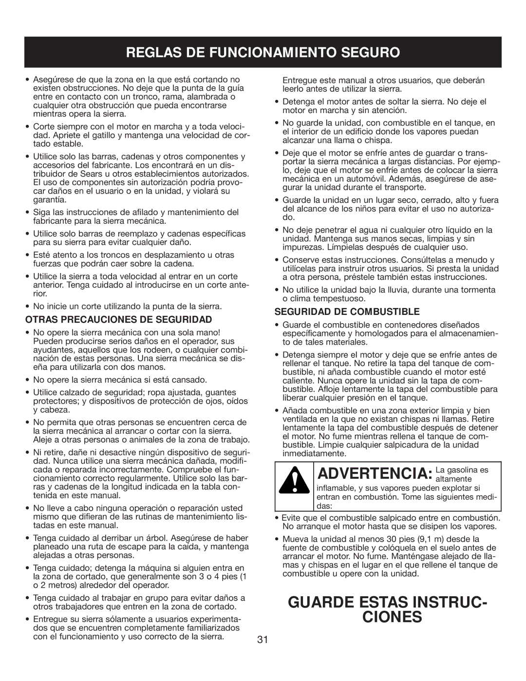 Sears 316.35084 manual Otras Precauciones DE Seguridad, Seguridad DE Combustible 