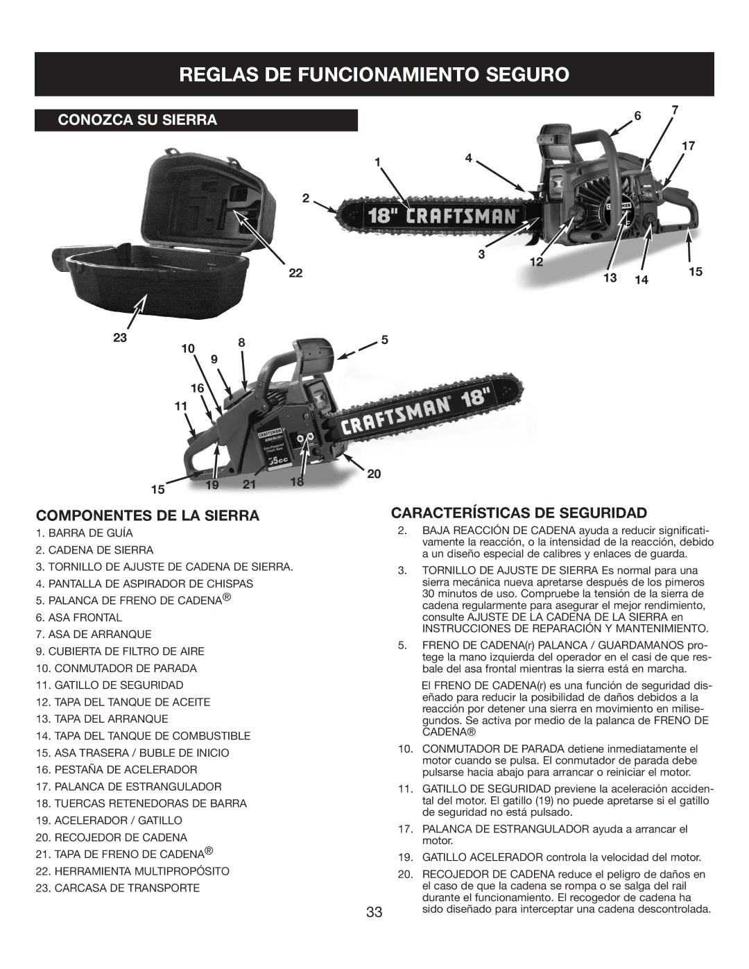 Sears 316.35084 manual Componentes DE LA Sierra, Características DE Seguridad 