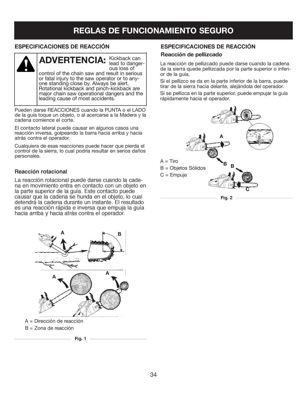 Sears 316.35084 manual Especificaciones DE Reacción, Reacción de pellizcado 