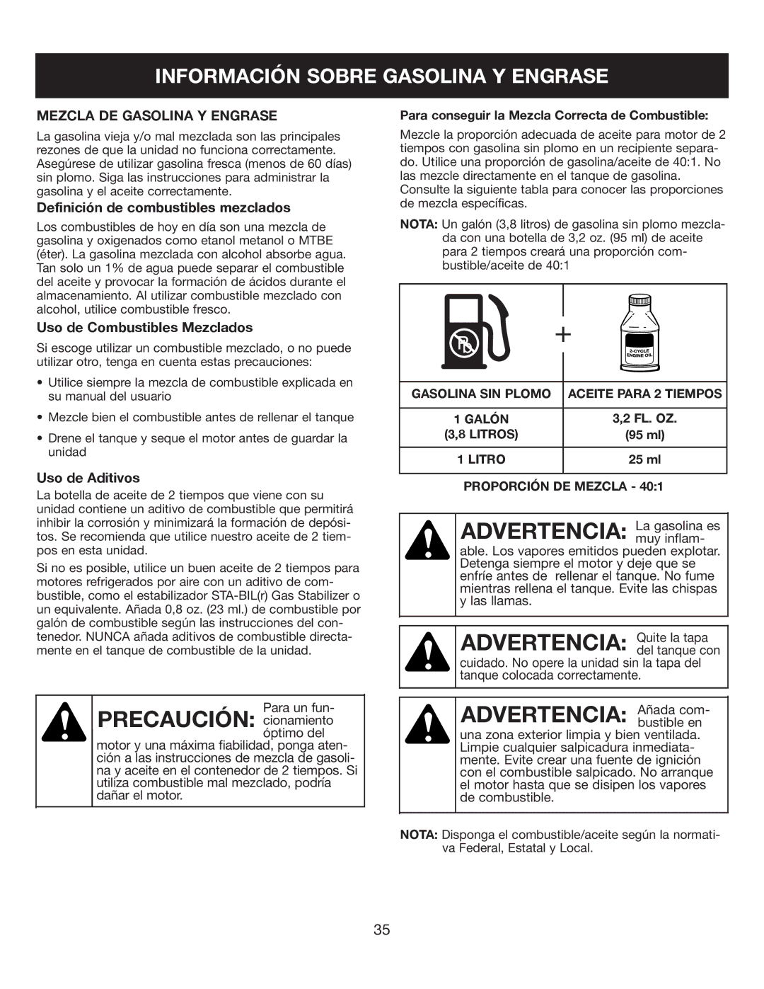 Sears 316.35084 Información Sobre Gasolina Y Engrase, Mezcla DE Gasolina Y Engrase, Definición de combustibles mezclados 