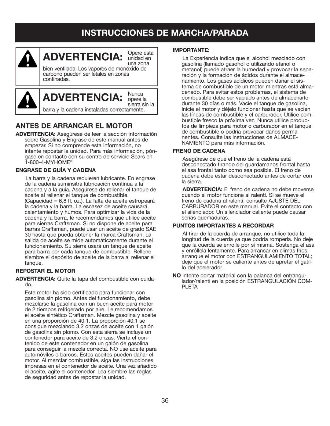 Sears 316.35084 manual Instrucciones DE MARCHA/PARADA 