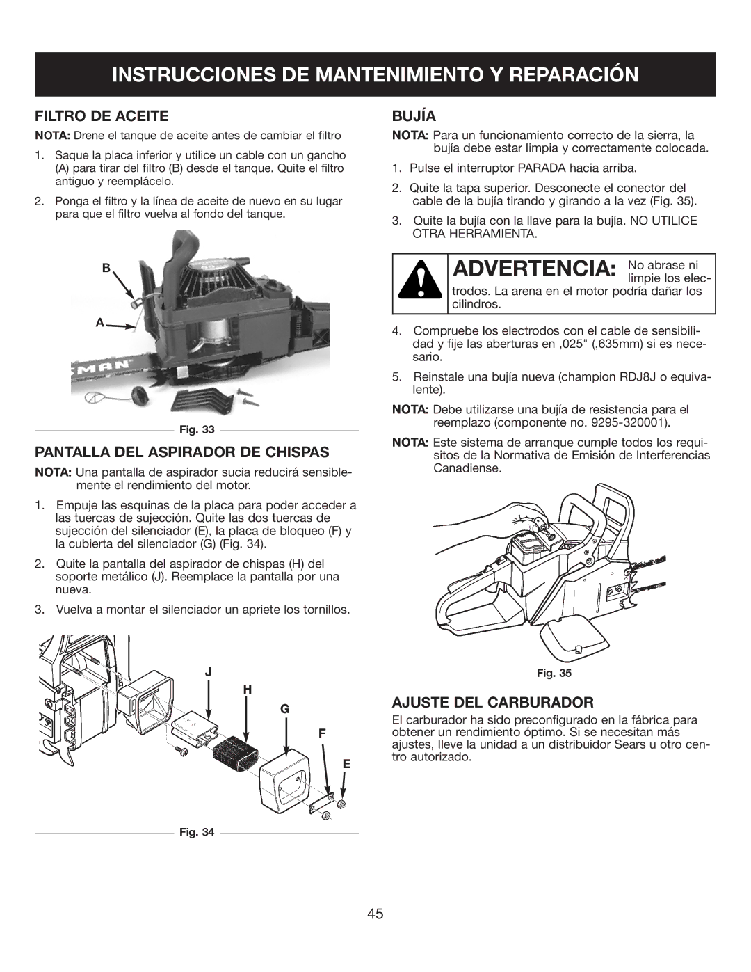 Sears 316.35084 manual Filtro DE Aceite, Pantalla DEL Aspirador DE Chispas, Bujía, Ajuste DEL Carburador 