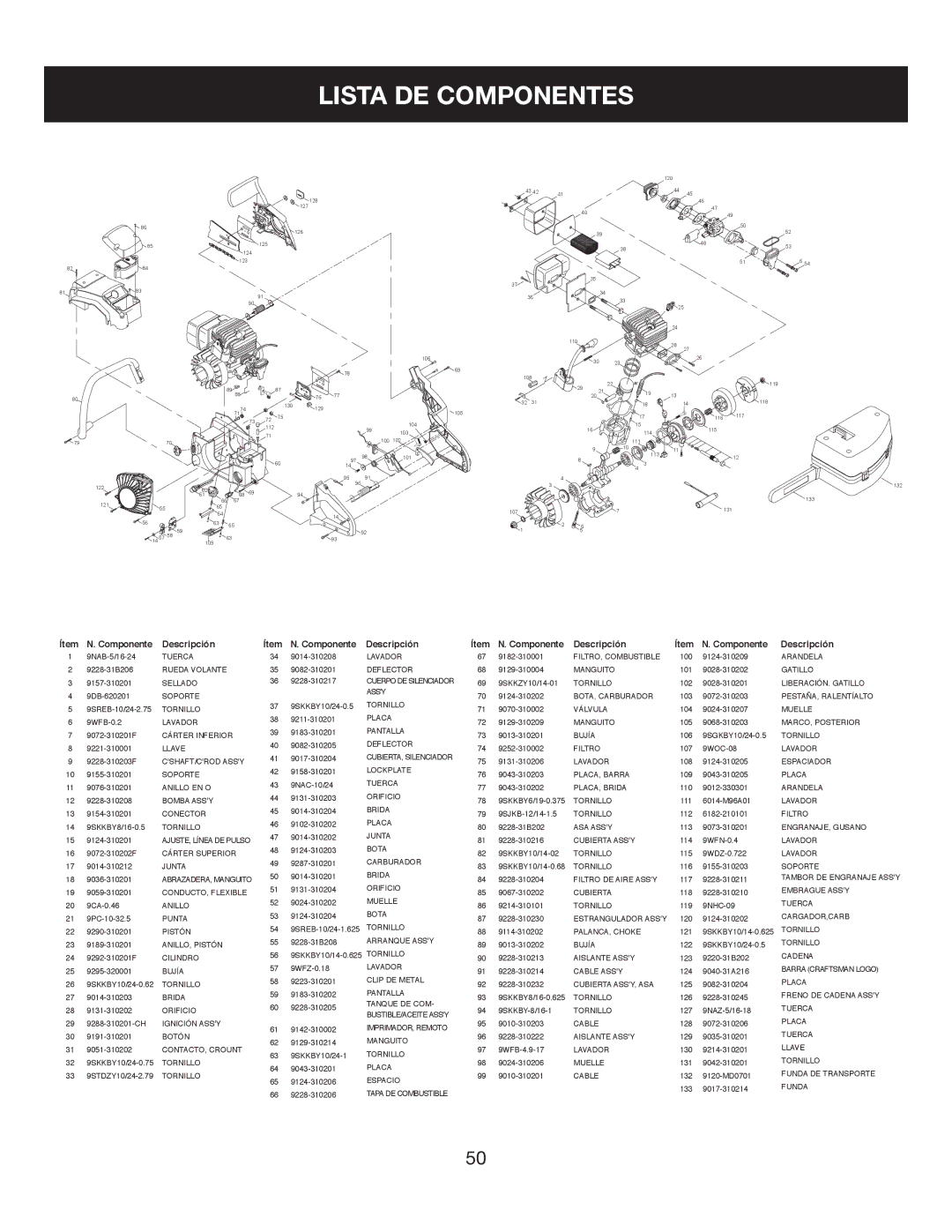 Sears 316.35084 manual Lista DE Componentes, Ítem Componente Descripción Ítem N. Componente 