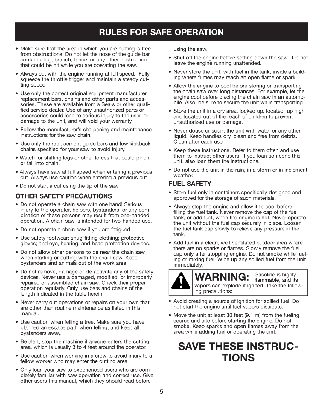 Sears 316.35084 manual Other Safety Precautions, Fuel Safety 