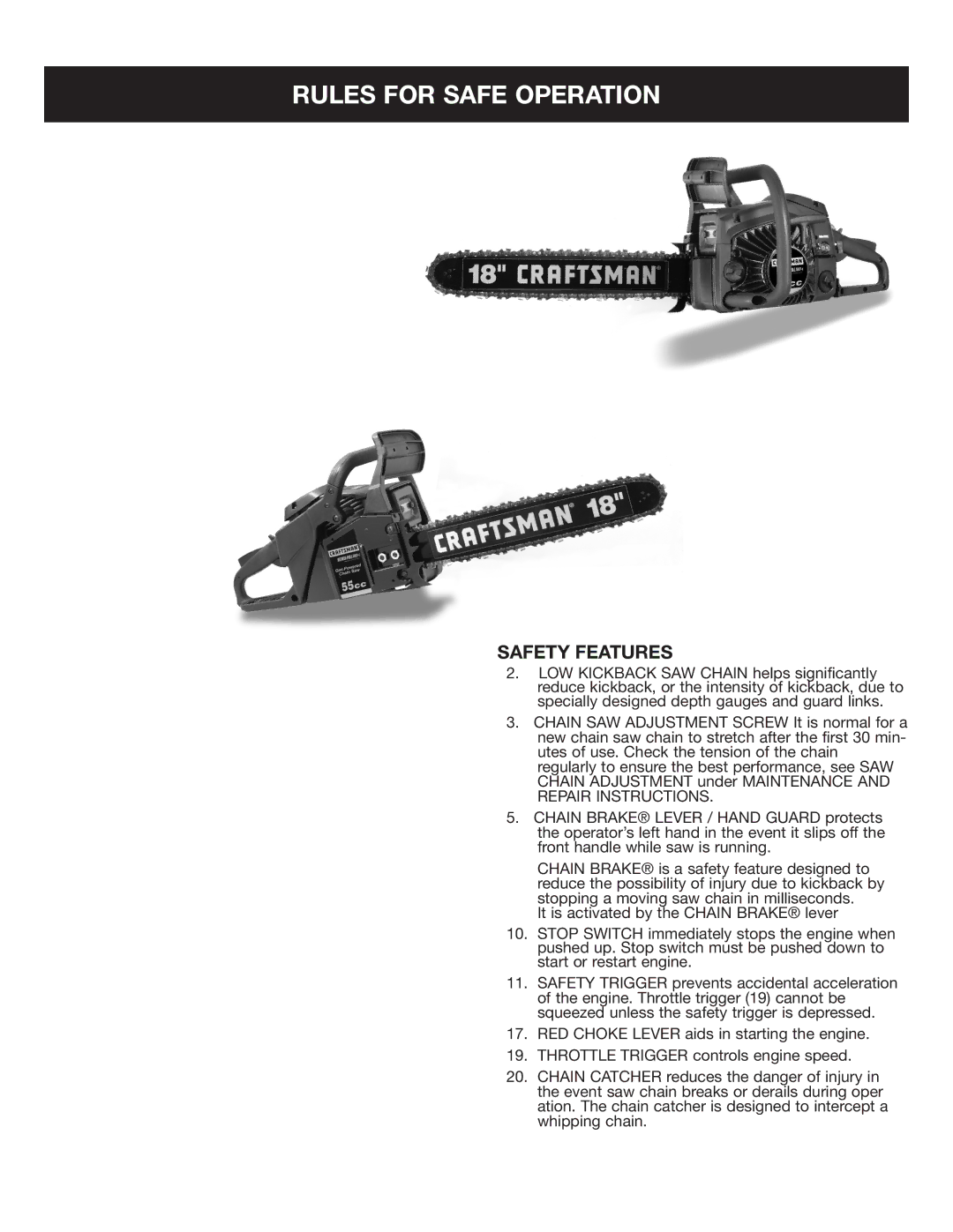 Sears 316.35084 manual Chain SAW Components, Safety Features 