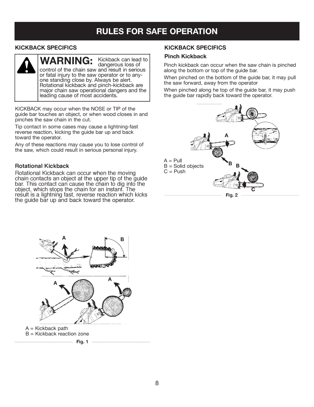 Sears 316.35084 manual Kickback Specifics, Pinch Kickback 