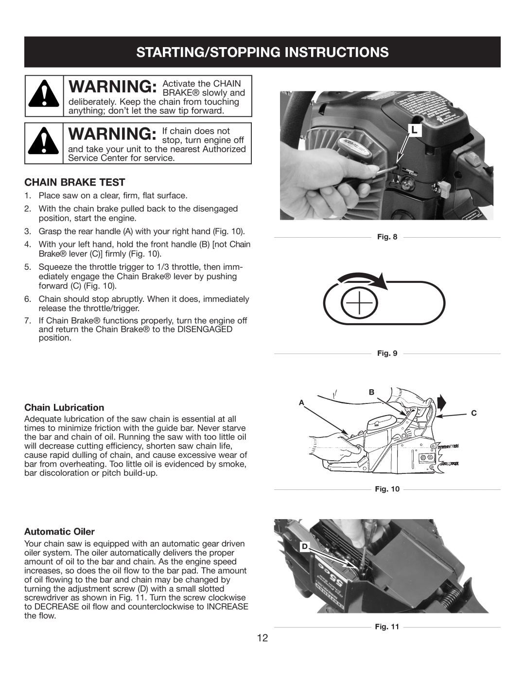 Sears 316.35084 manual Starting/Stopping Instructions, Chain Brake Test, Chain Lubrication, Automatic Oiler 