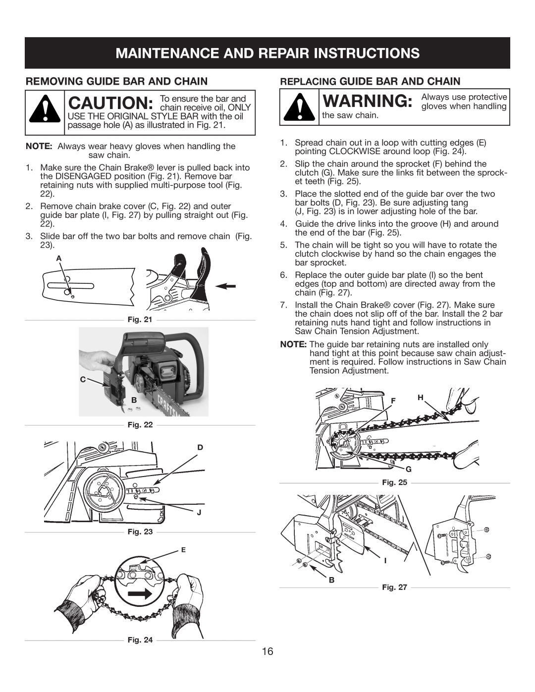 Sears 316.35084 manual Maintenance And Repair Instructions, Removing Guide Bar And Chain, Replacing Guide Bar And Chain 