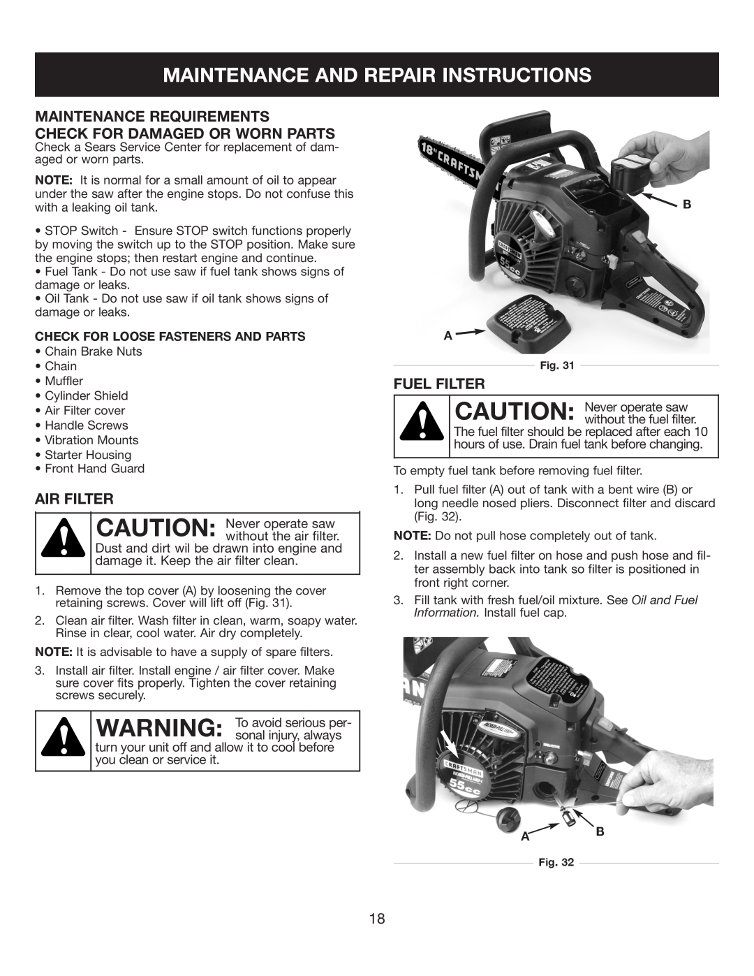 Sears 316.35084 Maintenance And Repair Instructions, Maintenance Requirements Check For Damaged Or Worn Parts, Air Filter 