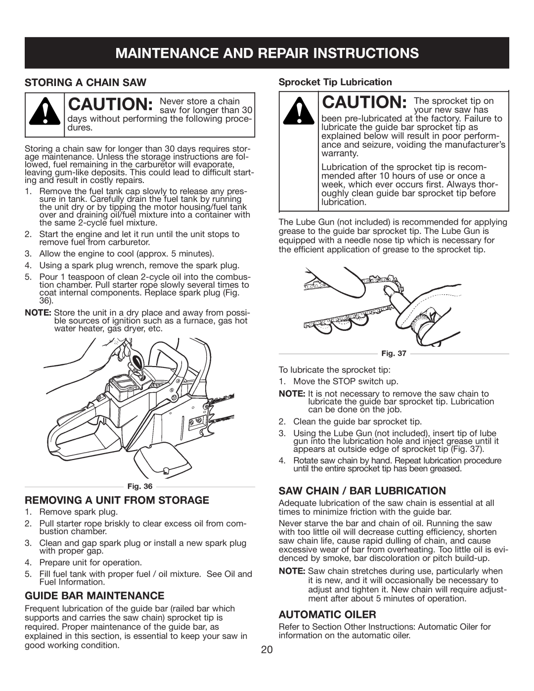 Sears 316.35084 Maintenance And Repair Instructions, Storing A Chain Saw, Removing A Unit From Storage, Automatic Oiler 