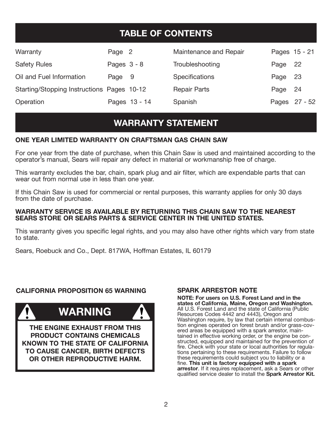 Sears 316.35084 manual Table Of Contents, Warranty Statement, One Year Limited Warranty On Craftsman Gas Chain Saw 