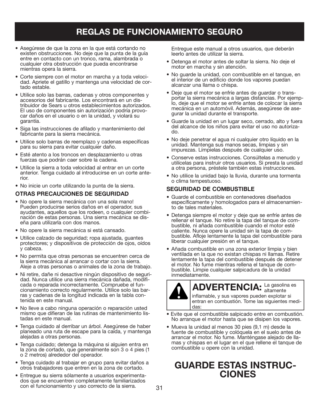 Sears 316.35084 manual Guarde Estas Instruc Ciones, Reglas De Funcionamiento Seguro, Otras Precauciones De Seguridad 