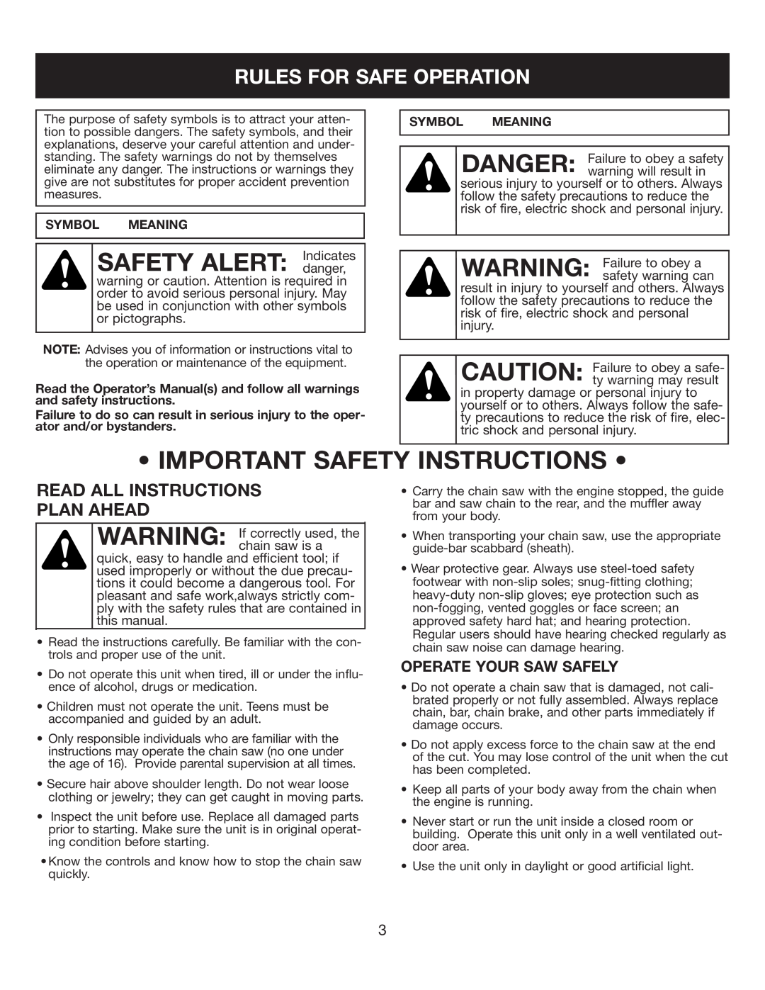 Sears 316.35084 manual Important Safety Instructions, Rules For Safe Operation, Read All Instructions Plan Ahead 